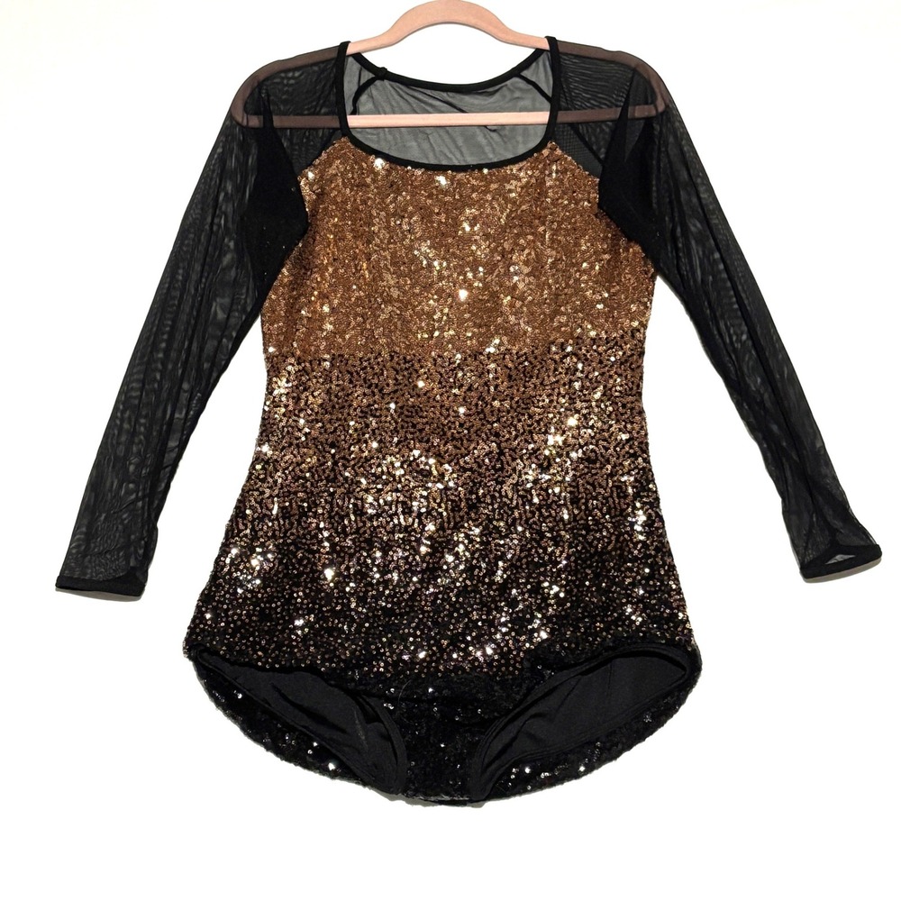Curtain Call Ombre Sequin Leotard Womens XL Gold Black Mesh Sleeve Dancewear